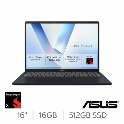 ASUS Vivobook, Copilot+ PC, Snapdragon X, 16GB RAM, 512GB SSD, 16 Inch Laptop, S