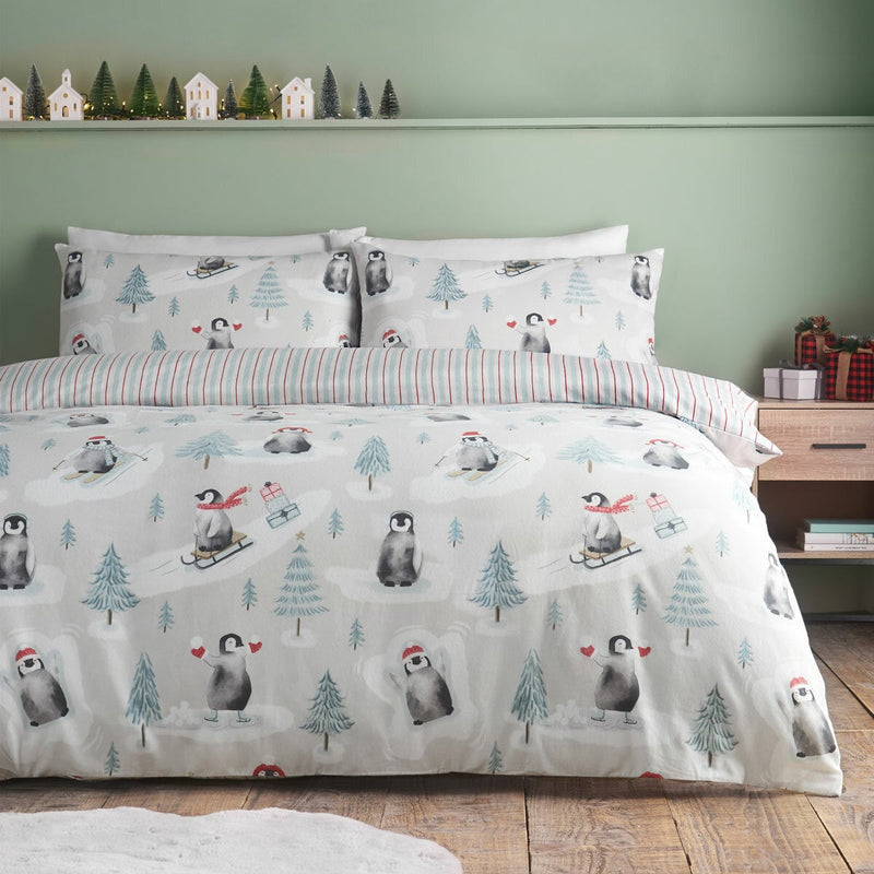 Catherine Lansfield Brushed Cotton Christmas Penguins Reversible Duvet Cover Set