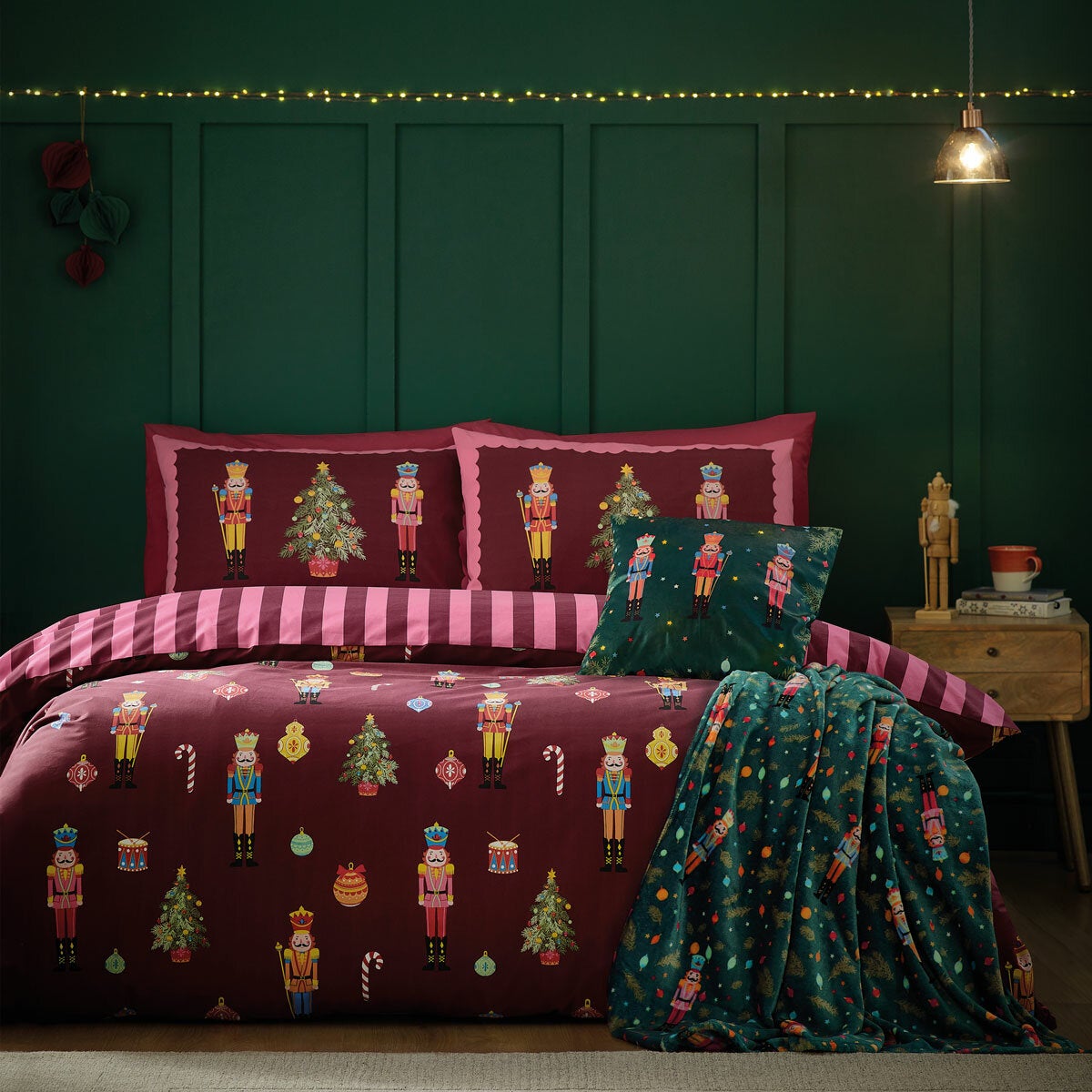 Catherine Lansfield Christmas Nutcracker Stripe Reversible Duvet Cover Set In 3 
