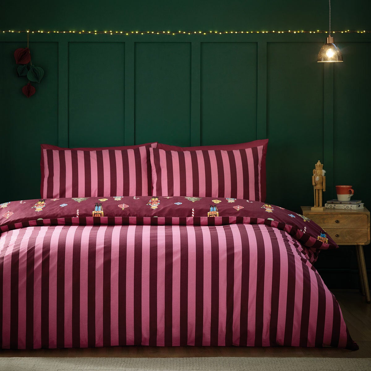 Catherine Lansfield Christmas Nutcracker Stripe Reversible Duvet Cover Set In 3 