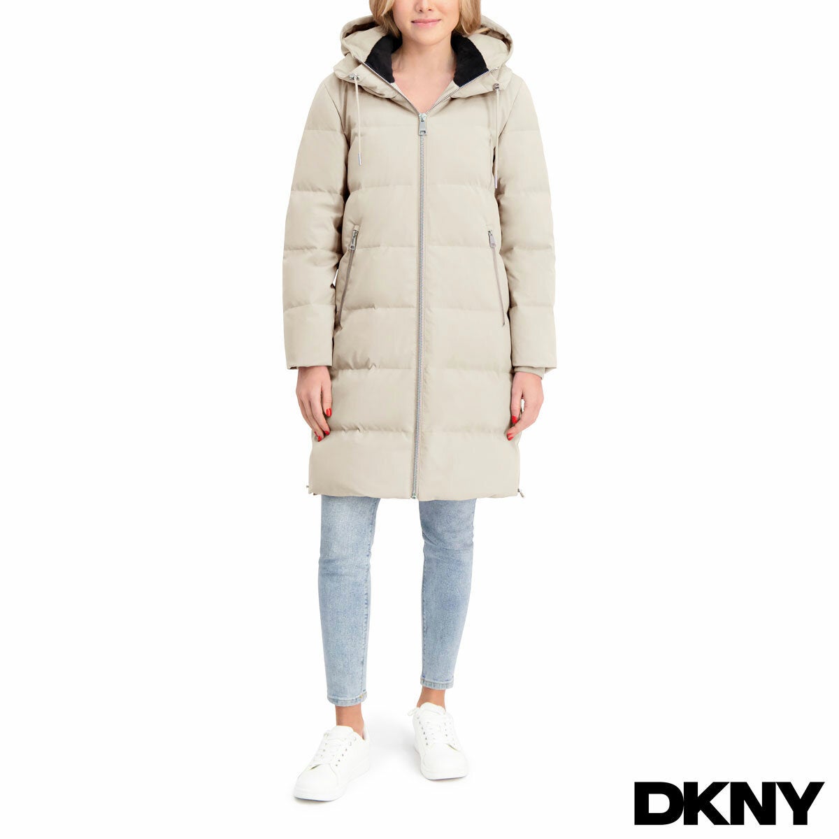 DKNY Ladies Long Down Coat with Hood - Taupe