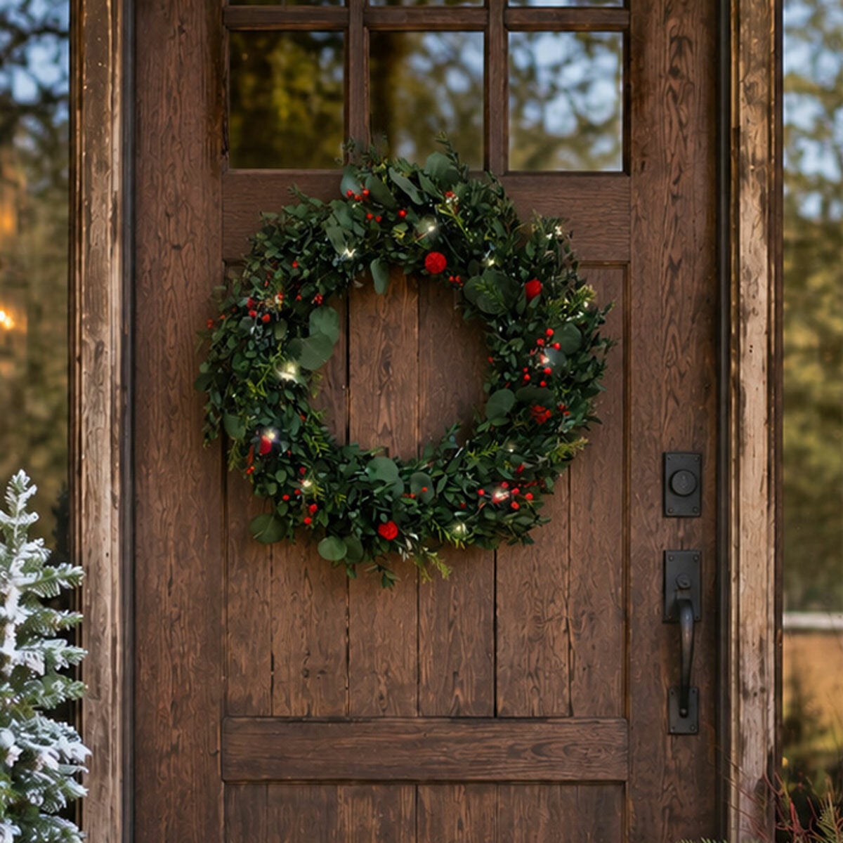 22 Inch Preserved Natural Christmas Wreath with Warm LED Lights in a wooden Crat
