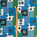 Blue & Green Patchwork Owl Cotton Blend Canvas Fabric – Rustic Woodland Print Upholstery, Craft & Bag Making 54"