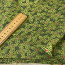 Christmas Hollies Berries Cotton Poplin Rose & Hubble Fabric, Bottle Green