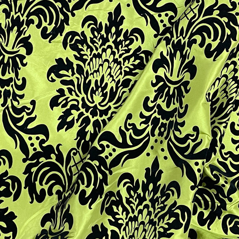 Black Damask Velvet Flock Taffeta Fabric, Lime Green