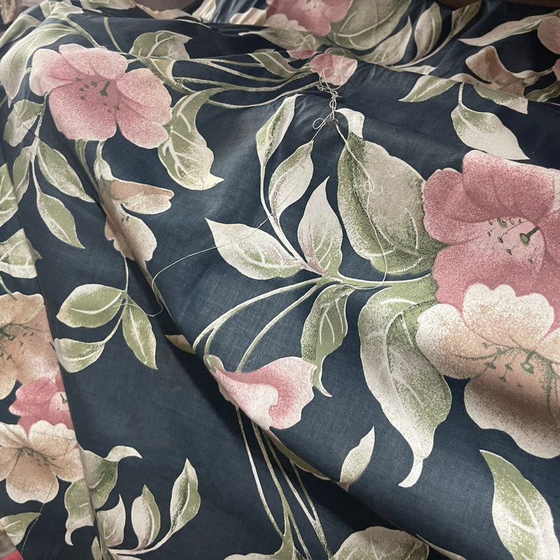 Peach Floral Flowers Print Vintage Cotton Fabric, Navy