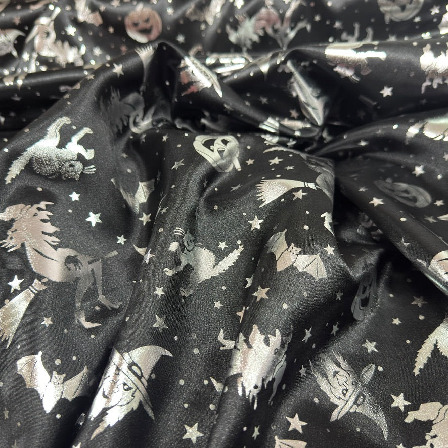 Black Bats Foil Print Satin Fabric with Silver Witches and Pumpkins for Halloween Costumes - image 5