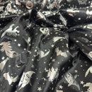 Bats Foil Print Satin Fabric with Silver Witches & Pumpkins for Halloween Costumes 60", Black