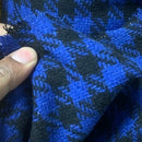 Black Houndstooth Check Tweed Wool Blend Fabric, Blue