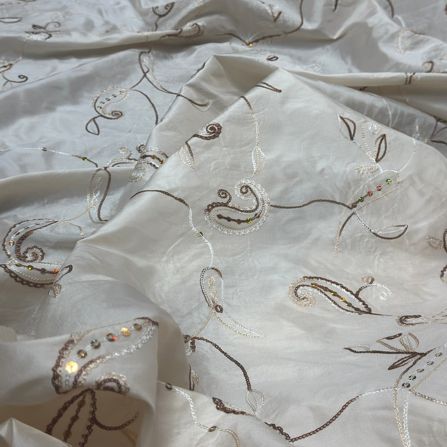 Cream Paisley Embroidered Taffeta Fabric Sequins Floral Bride Dress Material 60" - Bull Ring Fabrics
