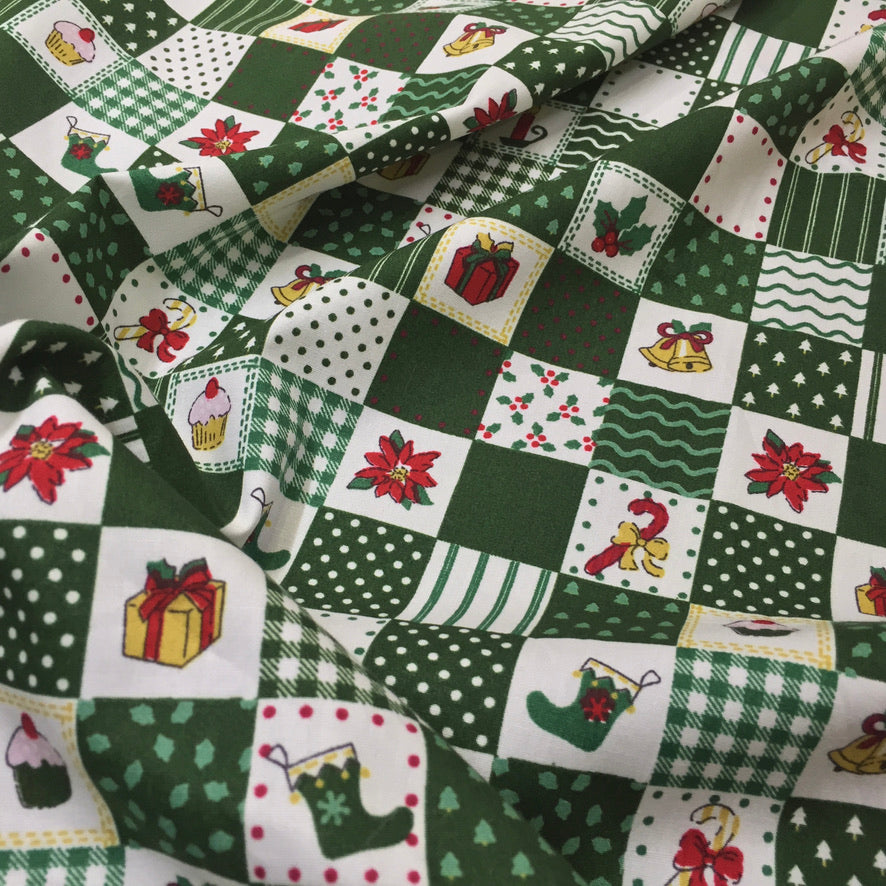 100% Cotton Christmas Patchwork Squares Fabric 45" Wide, Green
