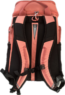 A pink and black backpack shown from the back, featuring padded shoulder straps, mesh back panels, side pockets, and a top carry handle on a plain white background.