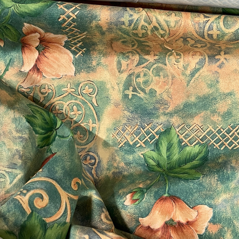 Peach Floral Flowers Print Vintage Cotton Fabric, Green