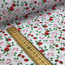 Pink Strawberry Blossom & Butterfly Polycotton Fabric – White Floral Printed Dressmaking & Craft Fabric, 45” Wide