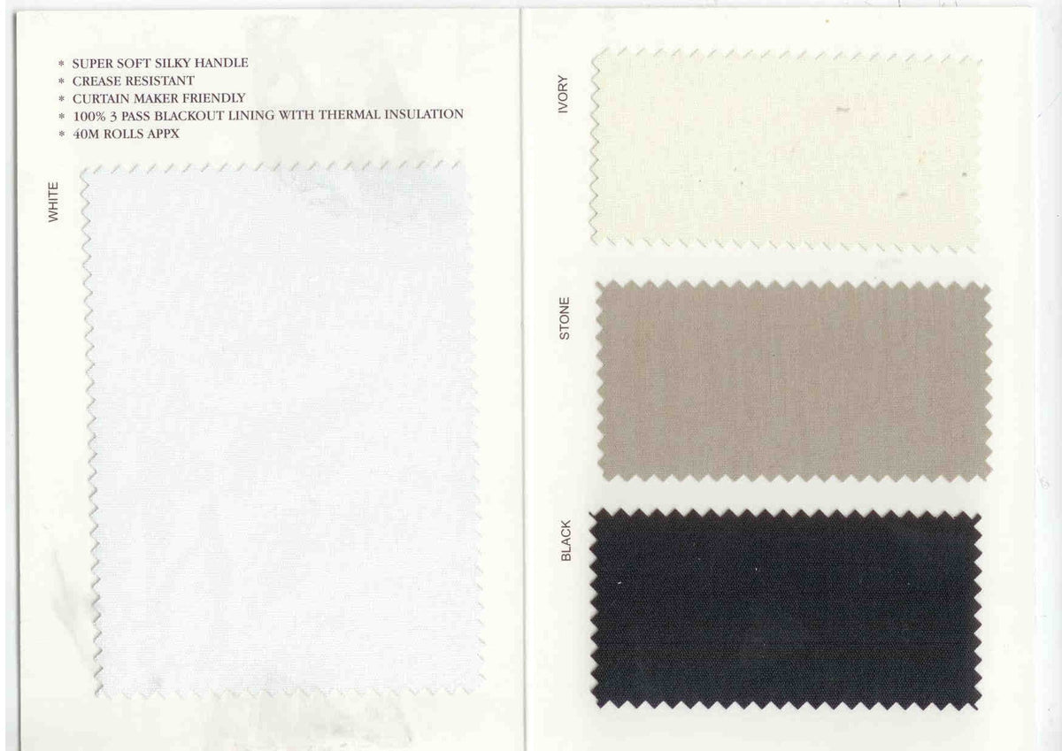 A fabric color swatch card showing three rectangular fabric samples with serrated edges: a white sample labeled WHITE, a light gray sample labeled CREAM, and a dark charcoal sample labeled BLACK. Text on the left lists features such as super soft silky handle, cream resistant, and 600 lbs about lining with thermal insulation.