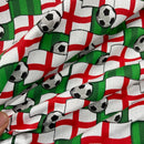 Fabric with soccer ball and flag pattern in red, green, and white