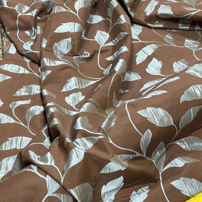 Duck Egg Felix Leaves Floral Curtain Brocade Fabric 140cm, Brown