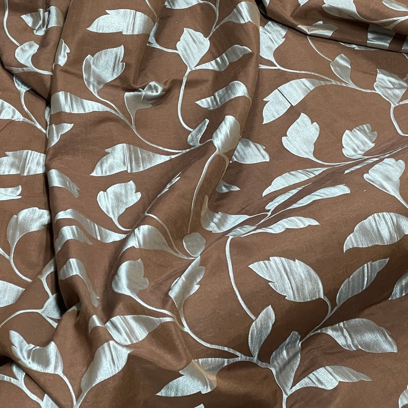 Duck Egg Felix Leaves Floral Curtain Brocade Fabric 140cm, Brown