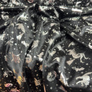 Bats Foil Print Satin Fabric with Silver Witches & Pumpkins for Halloween Costumes 60", Black