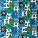 Blue & Green Patchwork Owl Cotton Blend Canvas Fabric – Rustic Woodland Print Upholstery, Craft & Bag Making 54"