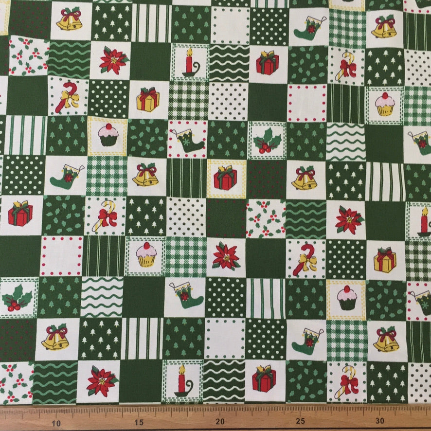 100% Cotton Christmas Patchwork Squares Fabric 45" Wide, Green