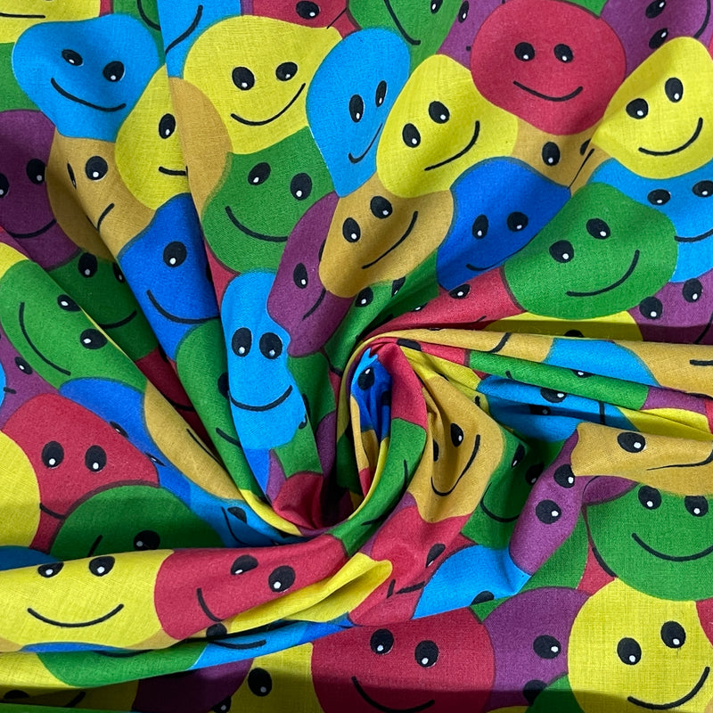 Smiley Emojis Polycotton Fabric 45", Multicoloured