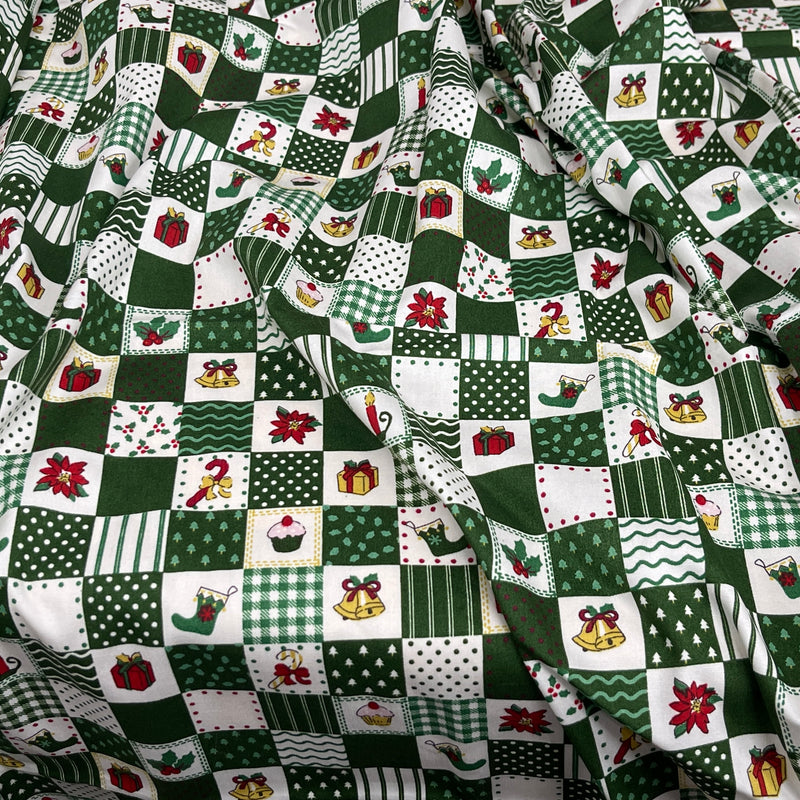100% Cotton Christmas Patchwork Squares Fabric 45" Wide, Green