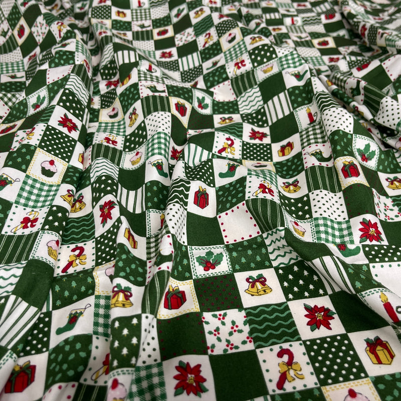 100% Cotton Christmas Patchwork Squares Fabric 45" Wide, Green