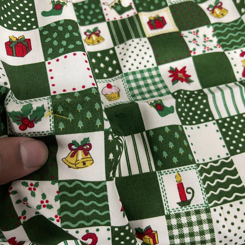 100% Cotton Christmas Patchwork Squares Fabric 45" Wide, Green