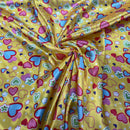 Funky Love Hearts Print Satin Fabric, Yellow