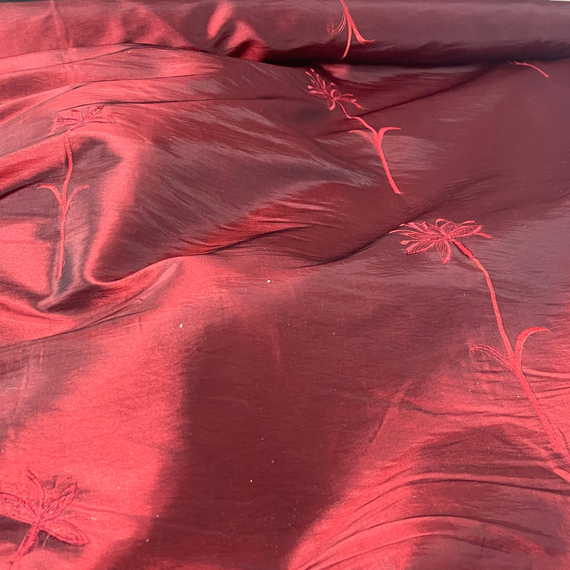 Floral Flower Taffeta Embroidery Fabric, Wine Shot Black