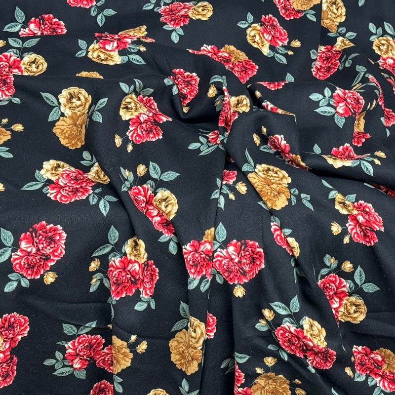 Tissu 100% Viscose Floral Roses pour Robe, Noir