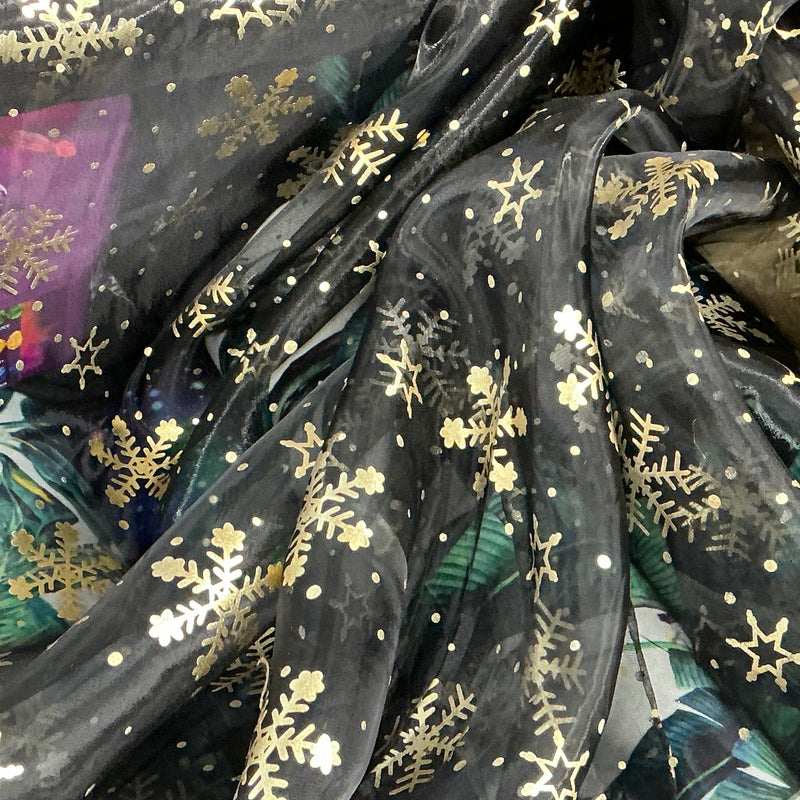 Gold Foil Snowflakes Organza Fabric Dress Halloween Draping 150cm, Black