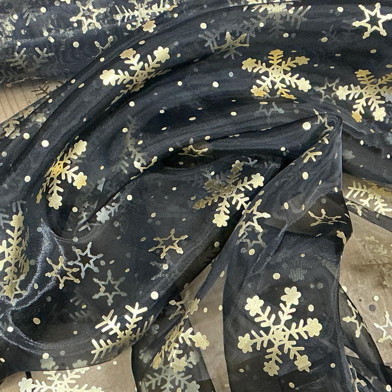 Gold Foil Snowflakes Organza Fabric Dress Halloween Draping 150cm, Black