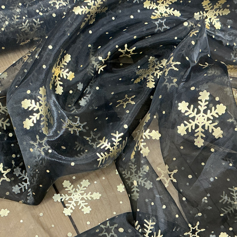 Gold Foil Snowflakes Organza Fabric Dress Halloween Draping 150cm, Black