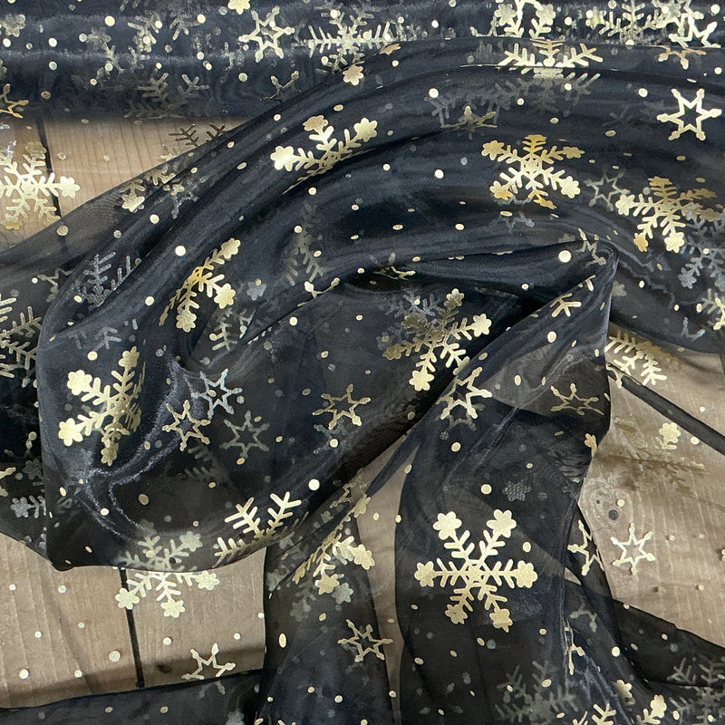 Gold Foil Snowflakes Organza Fabric Dress Halloween Draping 150cm, Black