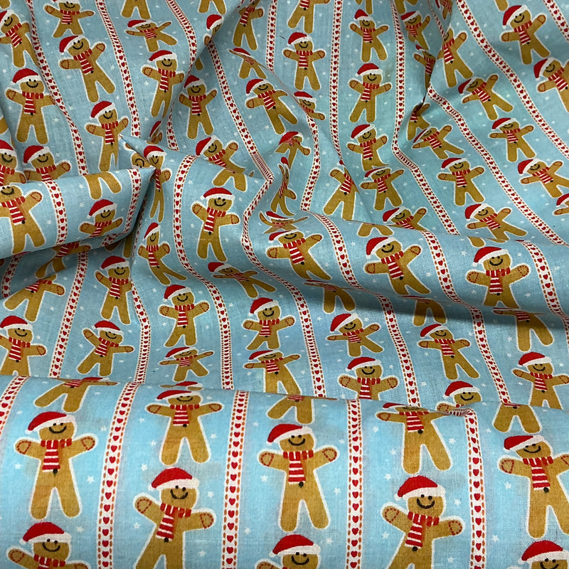 Xmas Gingerbread Striped Polycotton Fabric Patchwork Quilting 45", Sky Blue