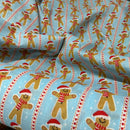 Xmas Gingerbread Striped Polycotton Fabric Patchwork Quilting 45", Sky Blue