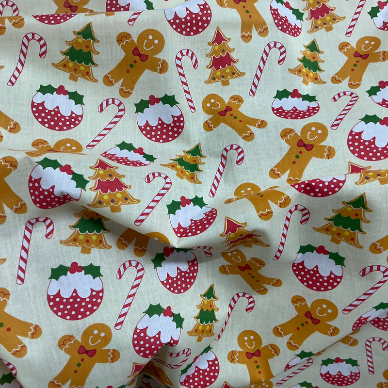Xmas Gingerbread Polycotton Fabric Christmas Puddings 45" Wide