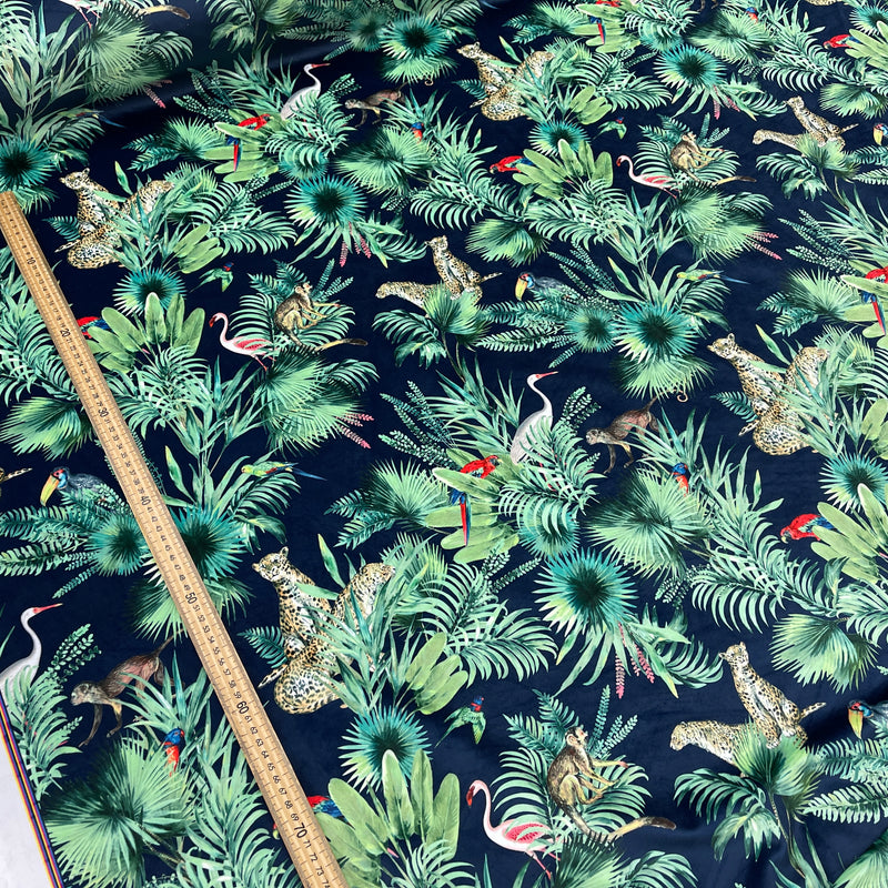 Amazon Tropical Digital Print Plush Velvet Curtain Fabric, Navy