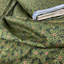 Christmas Hollies Berries Cotton Poplin Rose & Hubble Fabric, Bottle Green