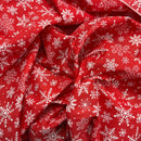 10m Roll White Xmas Snowflakes Christmas Polycotton Fabric 45", Red