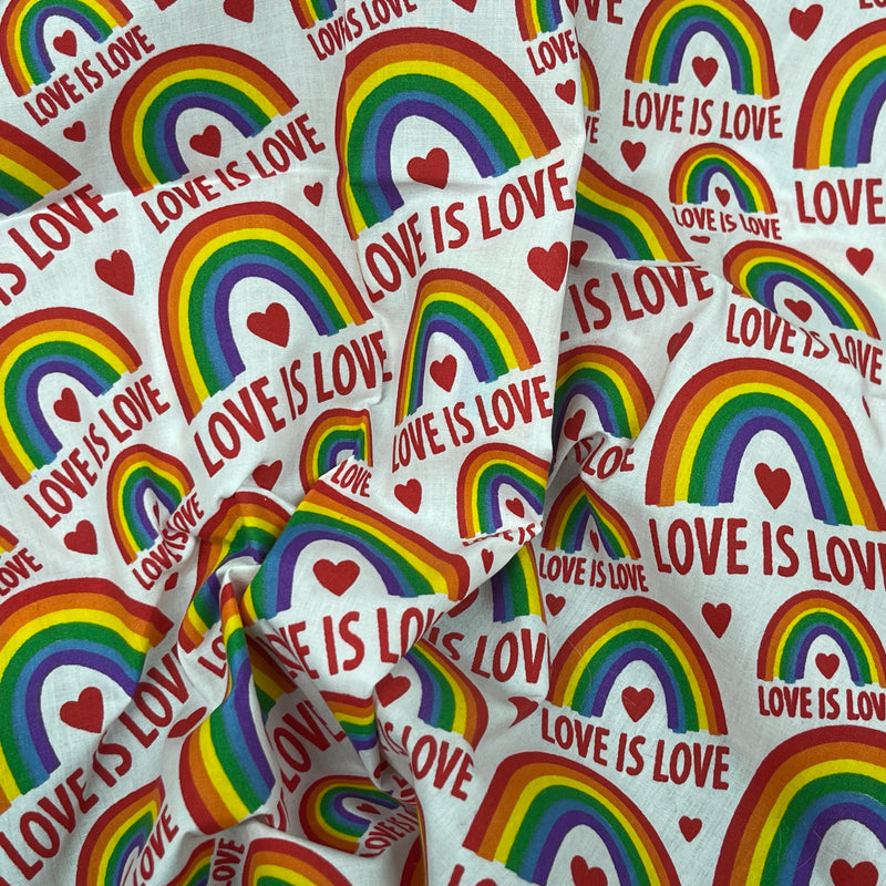 Love is Love Rainbow Polycotton Fabric 112cm, White