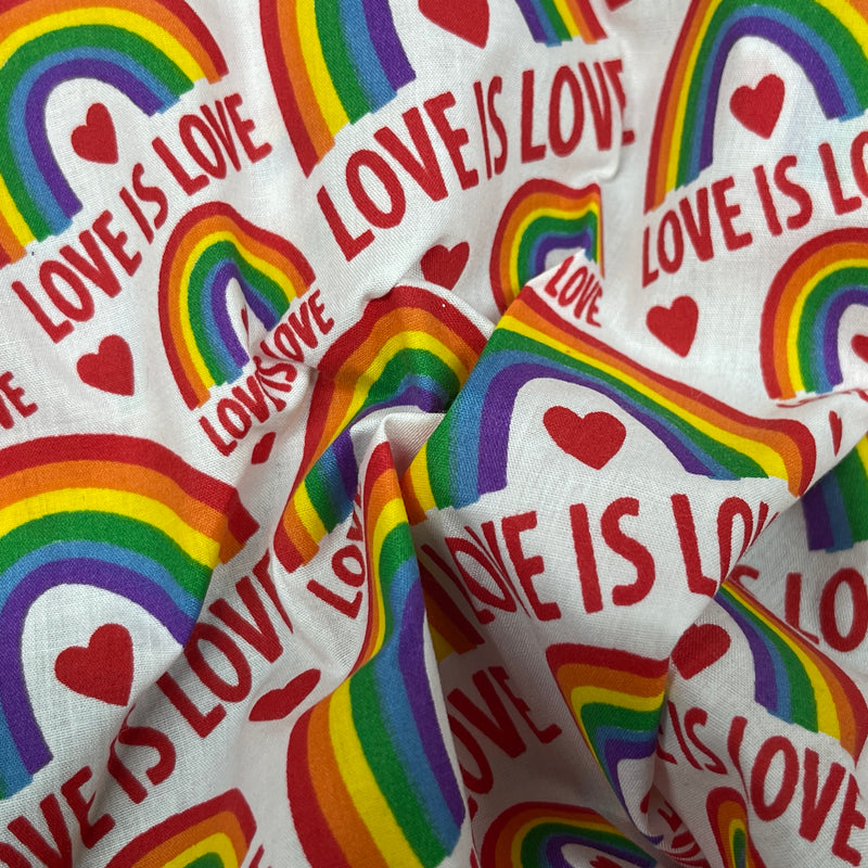 Love is Love Rainbow Polycotton Fabric 112cm, White