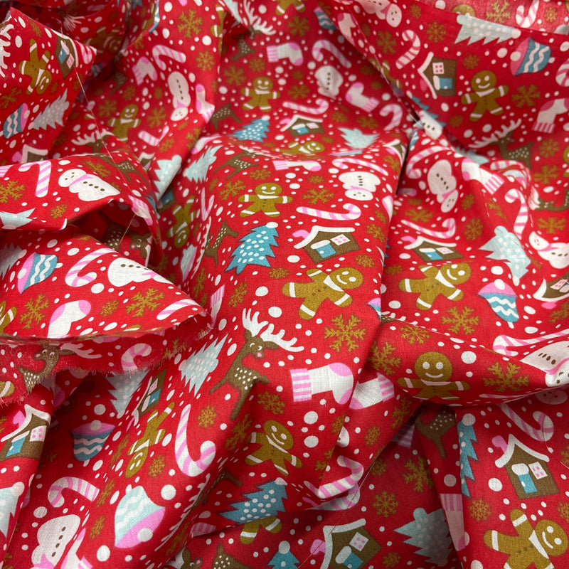 Christmas Party Xmas Polycotton Fabric, Red