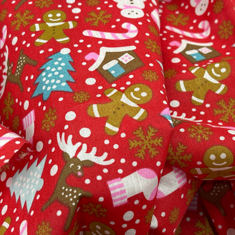 Xmas Party Gingerbread Polycotton Fabric Christmas 112cm, Red