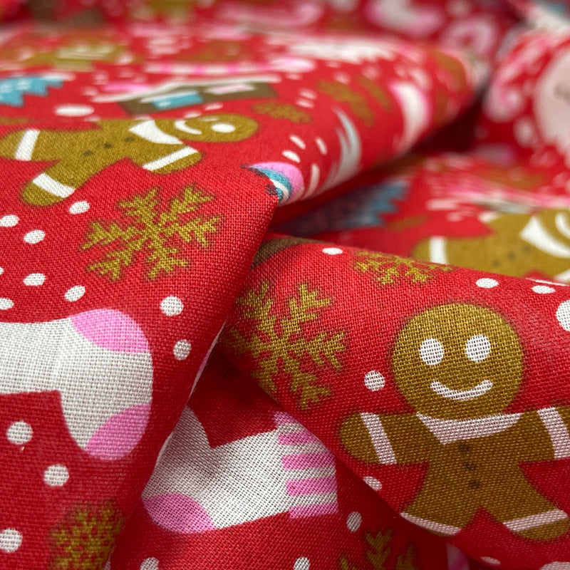 Christmas Party Xmas Polycotton Fabric, Red