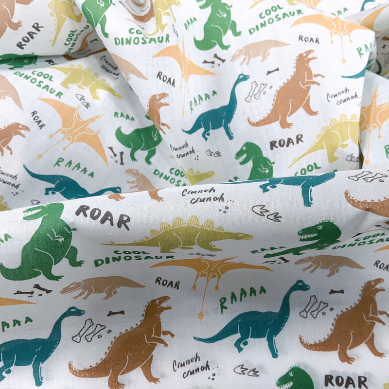 Dino Animals Polycotton Dinosaurs Fabric Crafts Dress Clothing Sew 45”, White