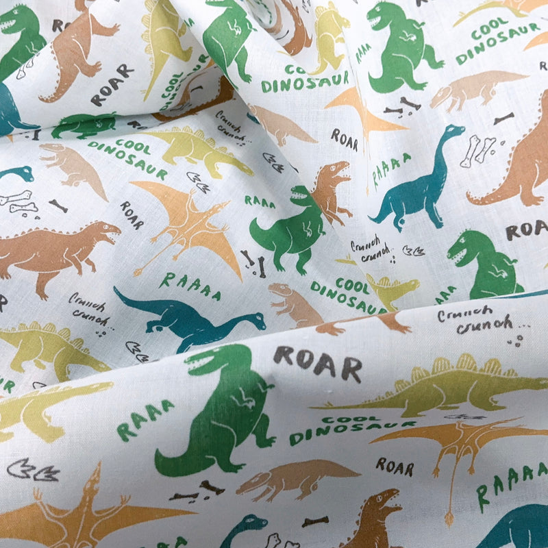 Dino Animals Polycotton Dinosaurs Fabric Crafts Dress Clothing Sew 45”, White