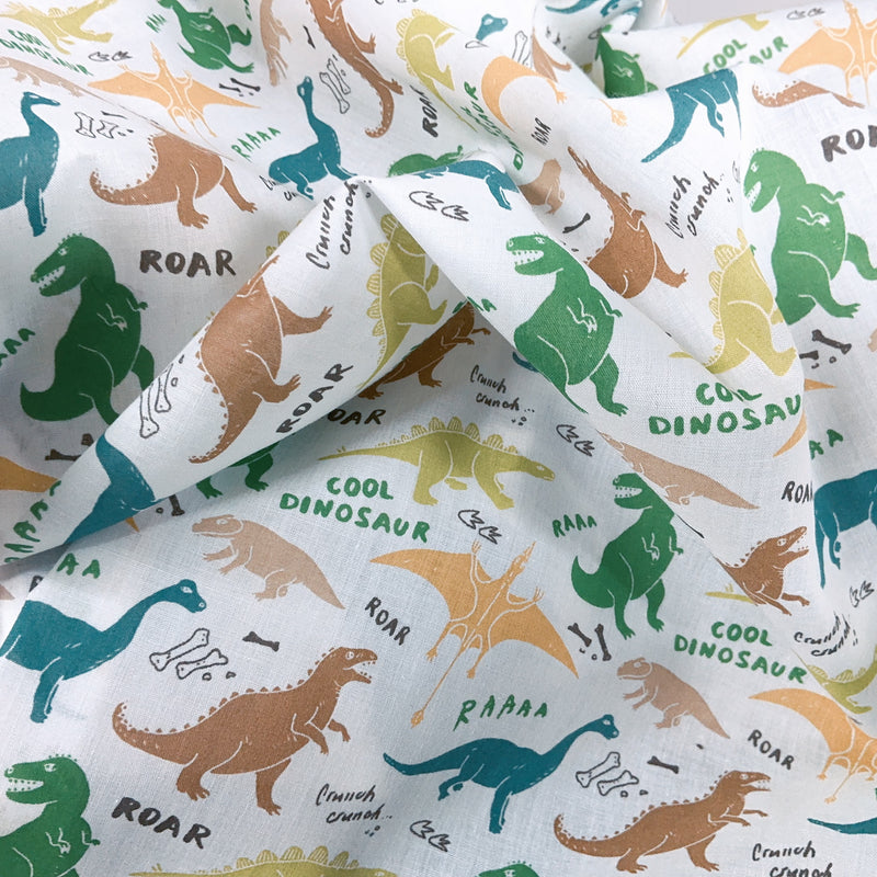 Dino Animals Polycotton Dinosaurs Fabric Crafts Dress Clothing Sew 45”, White